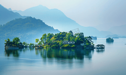 杭州亚运主场馆摄影照片_杭州千岛湖的很多小岛