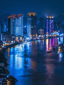 湘江摄影照片_长沙湘江沿岸夜景全景图