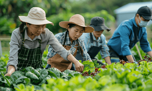亚洲人科研人员和农民在菜地里交流技术
