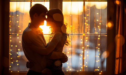 情侣人物摄影照片_年轻情侣在窗边相拥拥抱