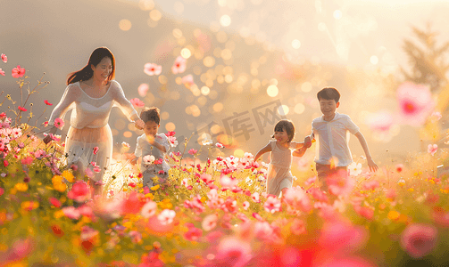 亚洲人在花海里奔跑的幸福家庭