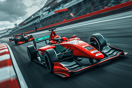 红色渐变丝带摄影照片_F1赛车一辆红色的赛车正在车道上行驶