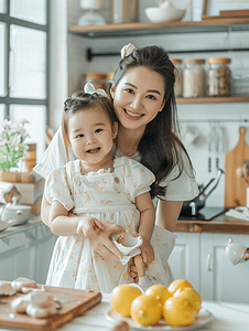 亚洲人年轻妈妈和女儿在厨房