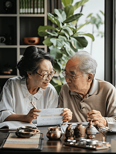 亚洲人老年夫妇在理财