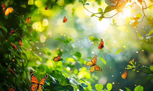 绿色小清新海报摄影照片_夏日午后的树叶蝴蝶背景
