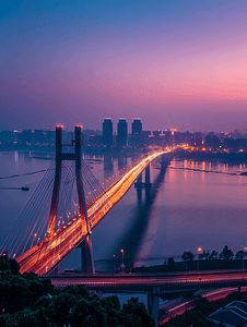 鹦鹉洲摄影照片_夕阳晚霞下的武汉鹦鹉洲大桥夜景