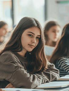 在教室学习的女大学生特写