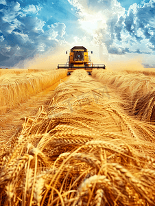 黑麦摄影照片_联合收割机农业机收获金熟麦田