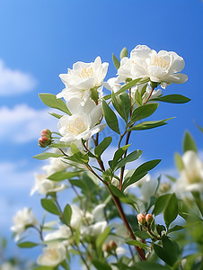 淡色山水底图摄影照片_白色茉莉花淡蓝色天空高清图片