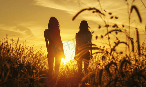 夕阳下的女性背影