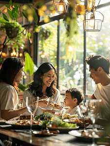 老年人摄影照片_亚洲人幸福家庭在餐厅聚餐8