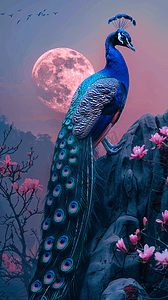 太湖石摄影照片_一只蓝孔雀站在太湖石上