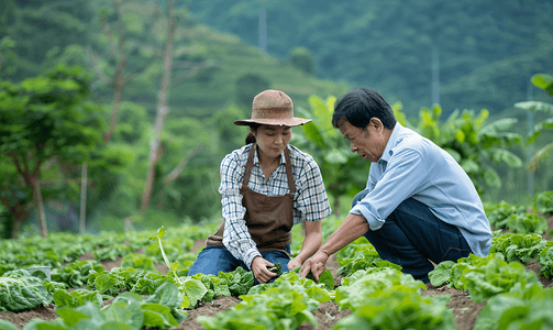 亚洲人科研人员和农民在菜地里交流技术