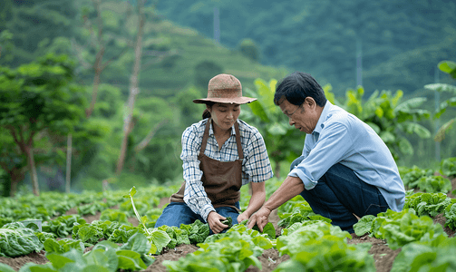 pa锄头摄影照片_亚洲人科研人员和农民在菜地里交流技术