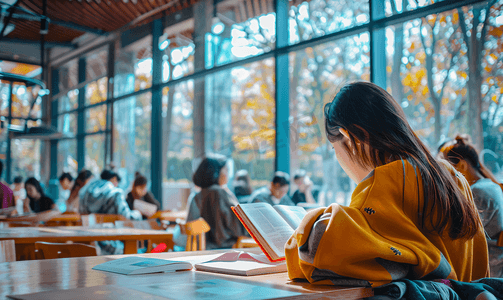 晾晒书籍摄影照片_校内咖啡馆看书学习特写