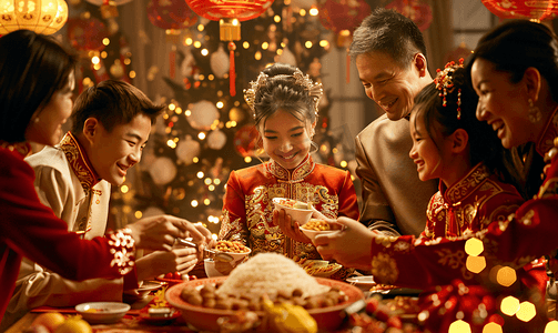 温馨新年摄影照片_亚洲人幸福东方家庭过年吃团圆饭