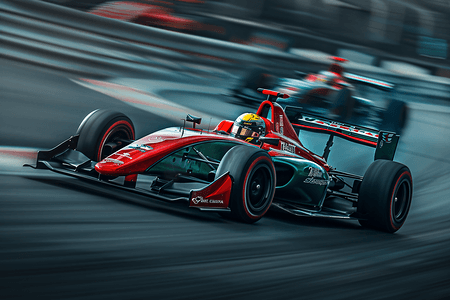 赛车摄影照片_F1赛车红色个的赛车正在车道上驰骋