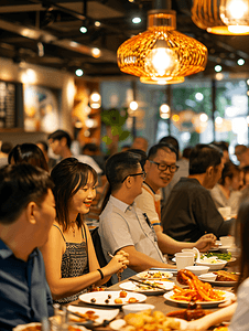 餐厅团圆饭摄影照片_亚洲人幸福家庭在餐厅聚餐8