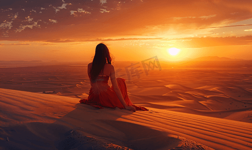 美女沙漠观落日
