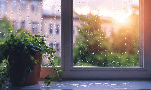简约雨水背景摄影照片_雨天的窗舒服
