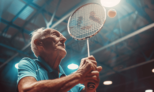 老年男性羽毛球运动发球特写