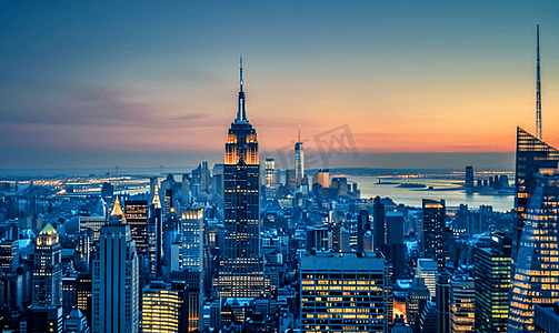 美国纽约黄昏时分曼哈顿天际线和帝国大厦的景色