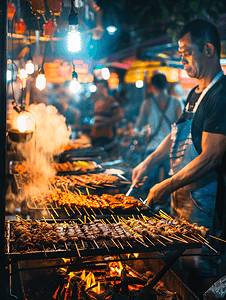 cob地摊灯摄影照片_夜市地摊烧烤