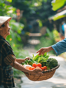 都市农业摄影照片_亚洲人农民将蔬菜交给快递员