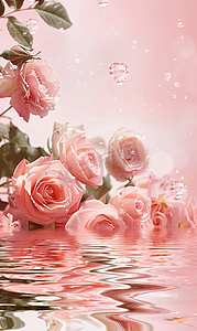 粉色玫瑰花浸入水中摄影图片