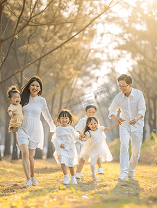 亚洲人幸福家庭在户外玩耍