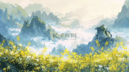 彩色中国风油菜花风景背景