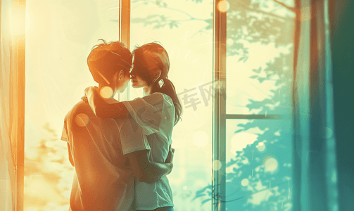 年轻情侣在窗边相拥拥抱