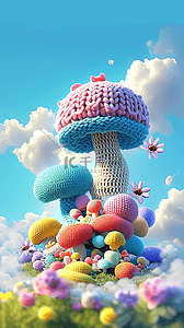 卡通大蘑菇背景图片_春天可爱卡通毛线蘑菇童话蘑菇屋背景