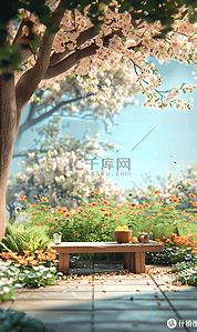 木凳花篮蓝天阳光春天背景图像