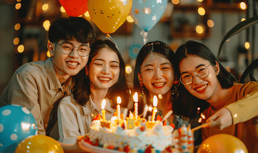 生日蛋糕蛋糕摄影照片_亚洲人欢乐的青年朋友过生日人物