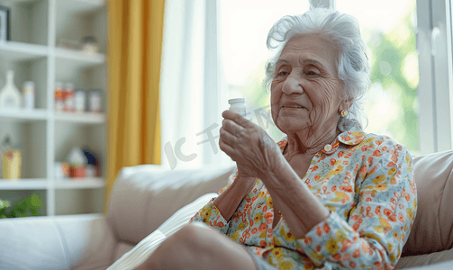 老奶奶图片摄影照片_老奶奶坐沙发上吃药特写