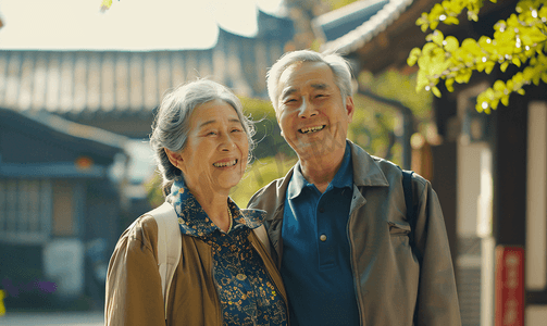 快乐的家园摄影照片_亚洲人幸福的老年夫妇在院子里