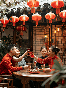 亚洲人东方家庭在中式庭院内干杯庆祝新年