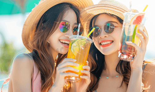 果汁吸管摄影照片_亚洲人快乐的青年女人品尝夏日饮品