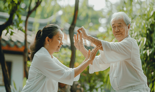 运动锻炼身体摄影照片_亚洲人老年夫妇正在练太极拳