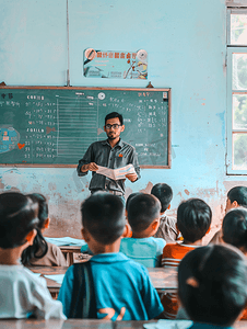书山摄影照片_亚洲人乡村老师给小学生讲课