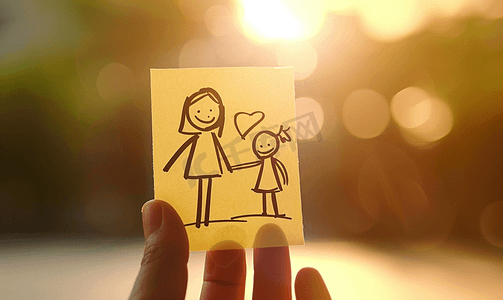 小麻薯贴纸摄影照片_纸条上画一张妈妈抱着孩子的贴纸