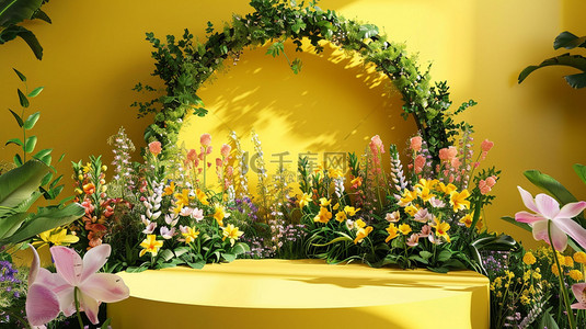 新年拱门恭贺新春背景图片_黄色绿植拱门展台合成创意素材背景