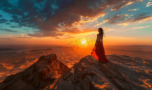 落日太阳摄影照片_美女沙漠观落日