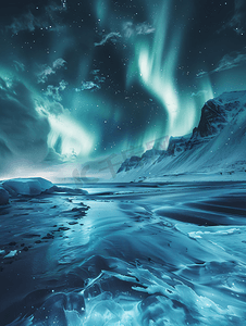 极光图片摄影照片_海洋上的北极光星空与极地的冬季景观