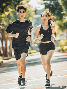 亚洲人青年情侣户外慢跑