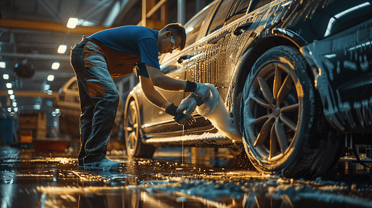 汽车春分摄影照片_汽车修理工在清洗汽车