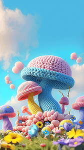 卡通大蘑菇背景图片_春天可爱卡通毛线蘑菇童话蘑菇屋设计