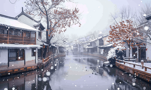 中国风小雪摄影照片_西塘雪景小雪