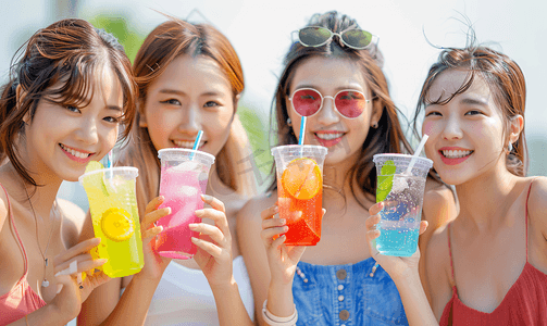 购物中心时尚摄影照片_亚洲人快乐的青年女人品尝夏日饮品